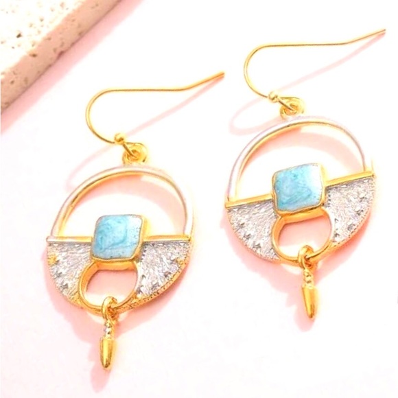 Theodosia~ Tribal Medley Turquoise Square Hoop Shield Dagger Bullet Arrow Dangle - Picture 3 of 4